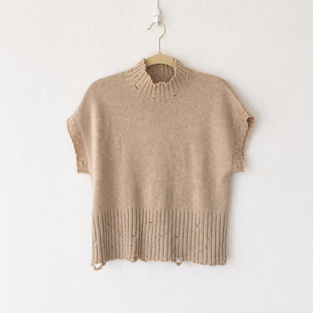 Kujten Paris Beige 100% Cashmere Distressed Mock Neck Sweater 3 M/L Quiet Luxury